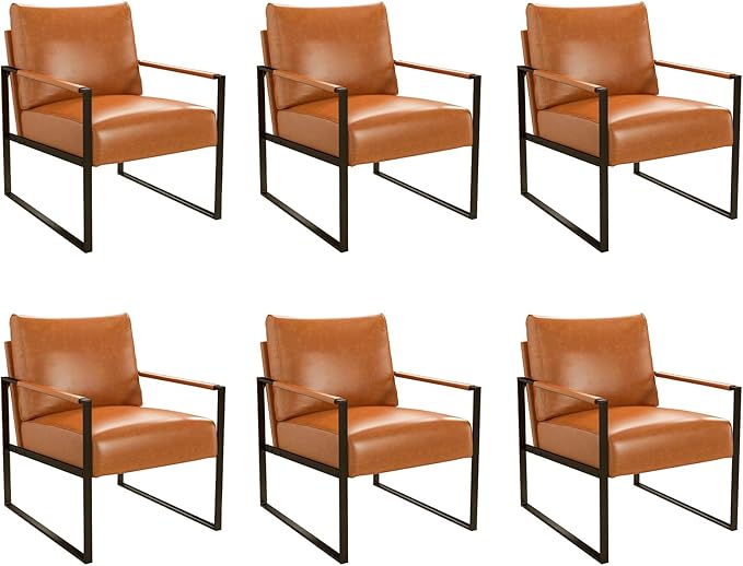 CANMOV Modern Accent Chair Set of 6, PU Leather Armchair with Metal Frame,Comfy Single Reading Chair with Soft Padded Backrest and Cushion for Living Room, Bedroom,Reading Room,Office,Brown