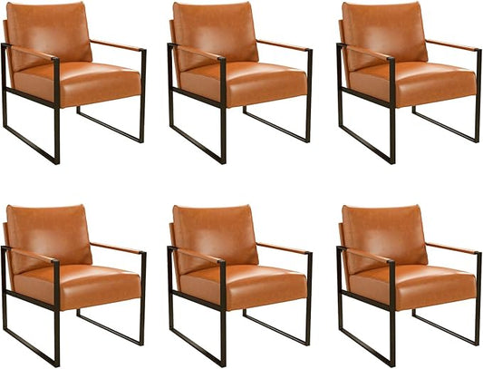 CANMOV Modern Accent Chair Set of 6, PU Leather Armchair with Metal Frame,Comfy Single Reading Chair with Soft Padded Backrest and Cushion for Living Room, Bedroom,Reading Room,Office,Brown