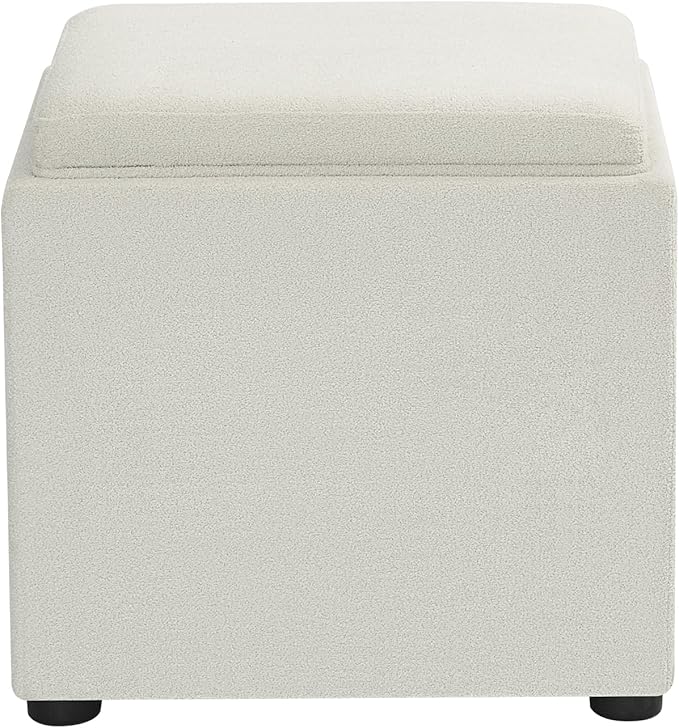 Adeco 17" White Square Storage Ottoman with Tray, Modern Cube Ottoman Coffee Table for Dorm, Bedroom (White with Tray)