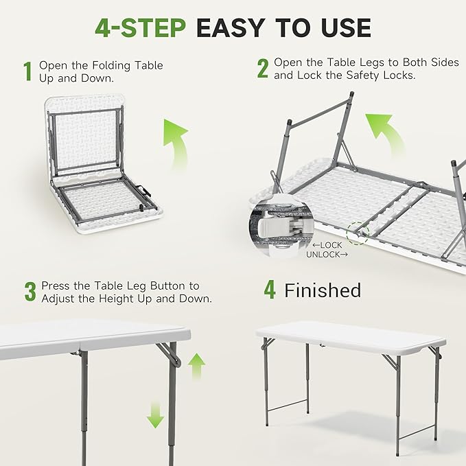 Folding Table 4 Foot - 3-Position Adjustable Height, Heavy Duty 400 lbs Capacity - Portable Tables Folding for Camping, Party, Indoor & Outdoor Use, 10 Pack