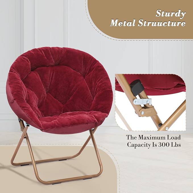 Athena Collection Saucer Chair with Ottoman Comfy Chair for Bed Room Living Room Folding Round Cozy Chair Faux Fur Metal Frame Foldable Lazy Chair Accent Chair Reading Chair, Red, Burgundy