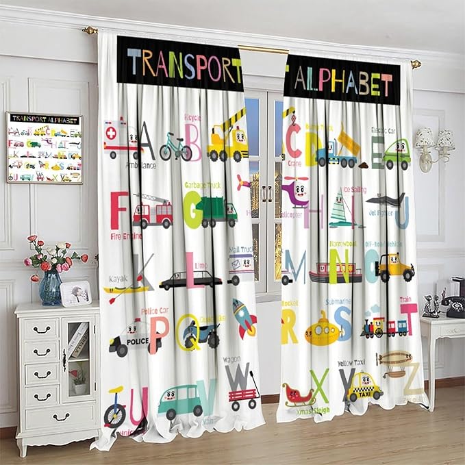 Alphabet Curtains，Catoon Transportation Pattern Blackout Print Window Drapes for Kids Bedroom Living Room 63x72 Inch