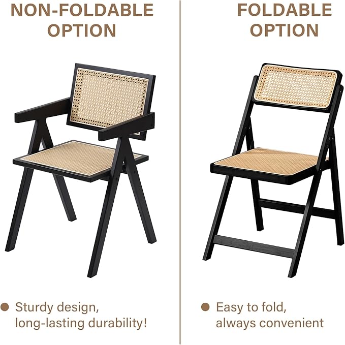 Rattan Folding Chairs, Modern Mid Century Dining Chairs Set of 2, Outdoor Bamboo Chairs for Bedroom Living Room Reading Room Dining Kitchen, Black