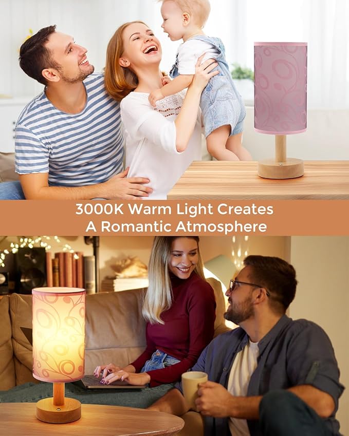 Cordless Table Lamp, 2200mAh Battery Operated Desk Lamp, Touch Bedside Lamps for Night Stands, Warm Light Mini Boho Lamp, Wood Base Round Flaxen Fabric Shade for Living Room,LED Bulb Included (Purple)