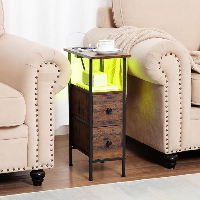 Narrow Nightstand with Charging Station, End Tables Living Room Set of 2, Skinny Side Table with Fabric Drawers, Small Sofa Table with LED Light for Bedroom, Rustic Brown, HETNDP02LPBR