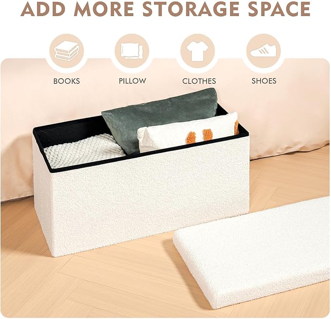 B FSOBEIIALEO Small Storage Ottoman Cube Sherpa Ottomans Foot Rest, Foldable Boucle Ottoman Bench, Faux Teddy Fur, Cream White 30"x15"x15"
