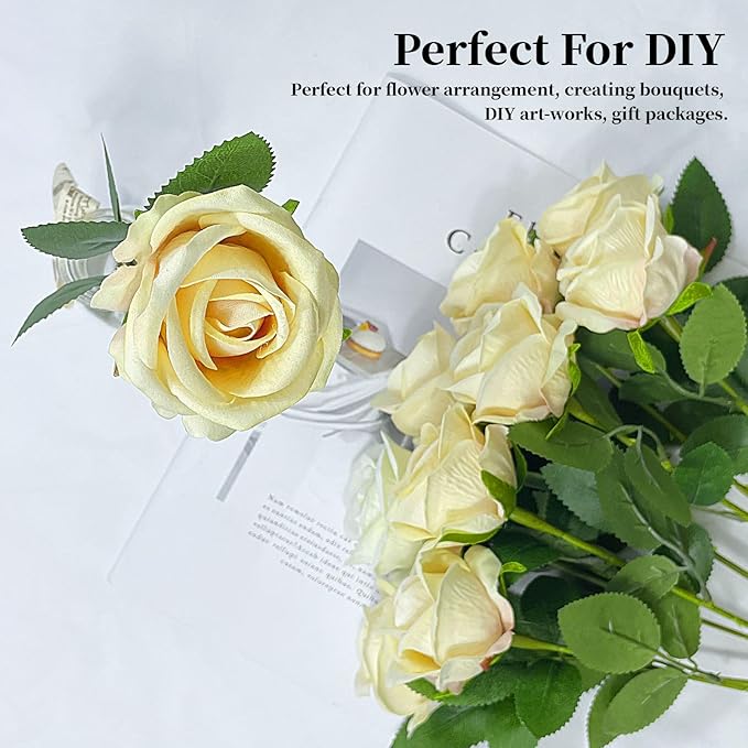 10 PCS Artificial Roses with Long Stems Silk Flowers Realistic Foam Flowers Fake Roses for Valentine's Day Home Wedding Halloween Decor(Champagne)