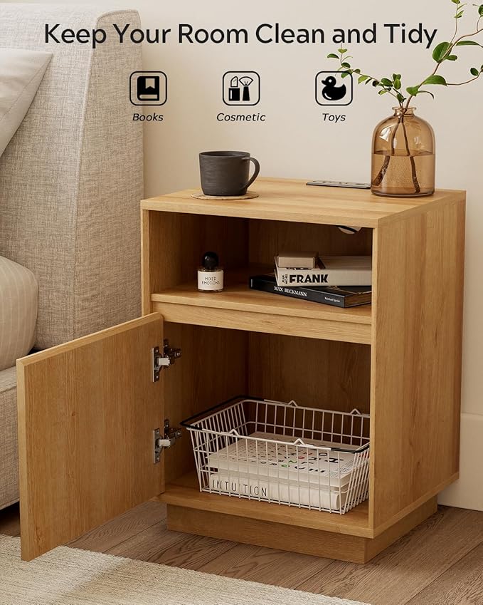Farmhouse Nightstand with Door, Wood Storage End Table with Charging Station & Open Shelf, Bedside End Tables for Bedroom, Sofa, Natural Oak