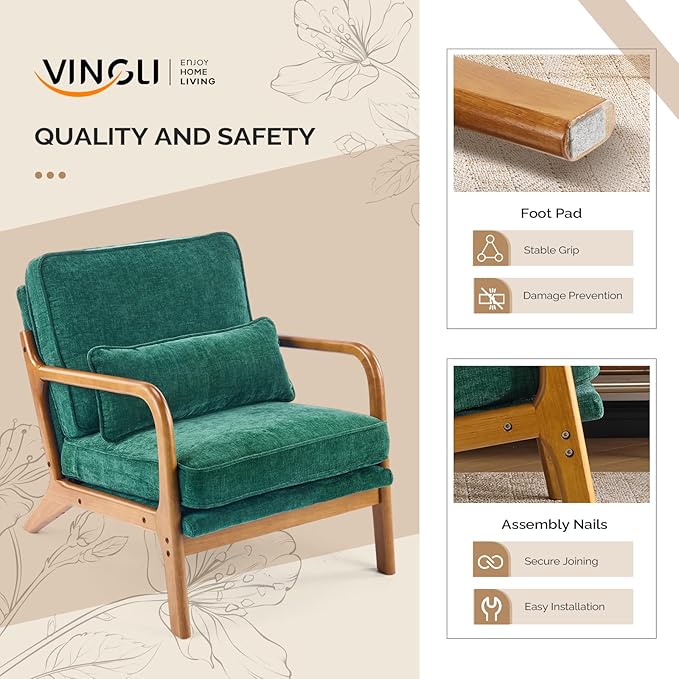 VINGLI Chenille Mid-Century Modern Accent Chair, Cute Reading Arm Chair with Cushion & Lumbar Pillow & Solid Wood Frame for Lounge, Living Room, Reading Room, Bedroom, Forest-Green