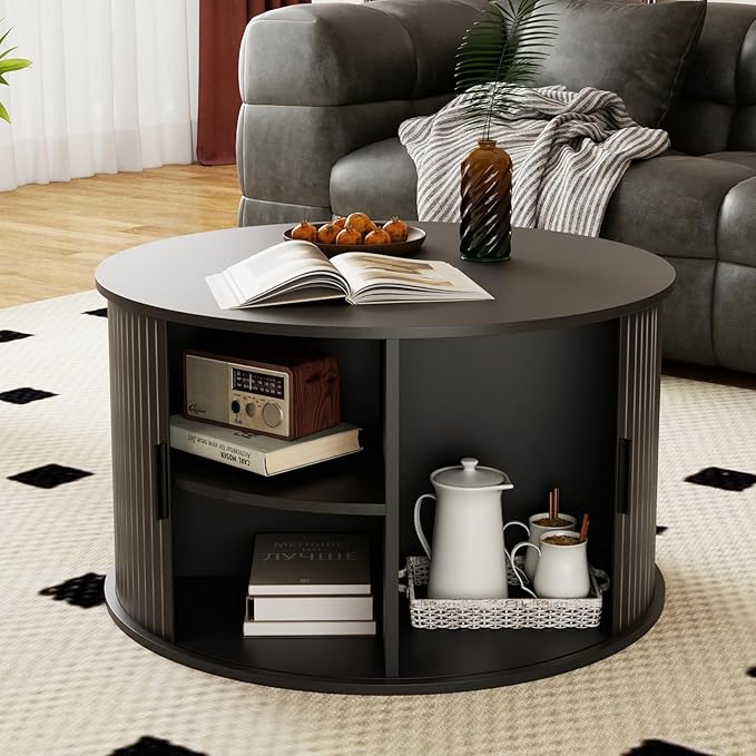SoarFlash 31.5 Inch Fluted Coffee Table with Storage, Mid Century Modern Round Coffee Table with Shelf, Center Table with Sliding Door and Wood Fluted Handle for Living Room, Black
