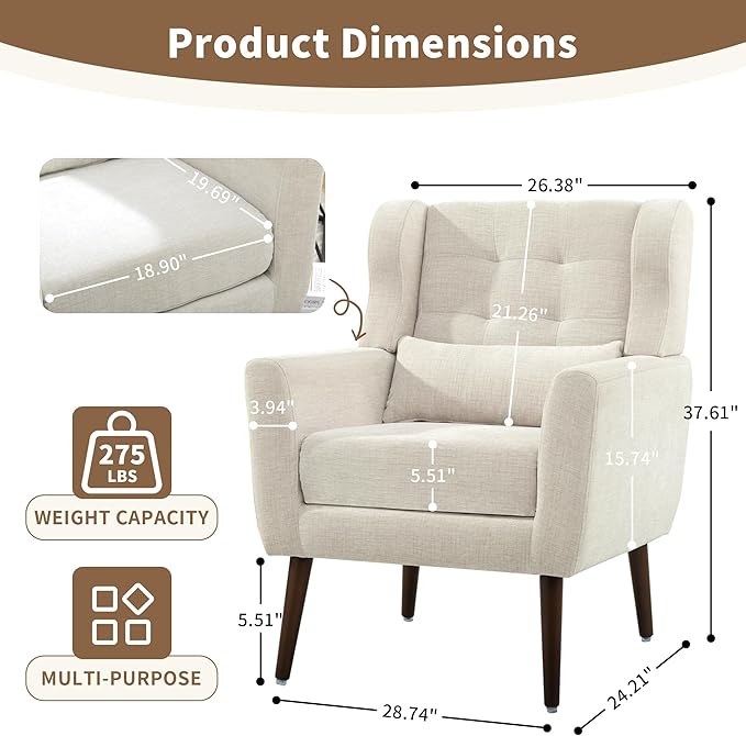 Modern Accent Chair, Upholstered Arm Chair with Waist Pillow, Single Sofa Chair for Living Room Bedroom Small Spaces (Beige)