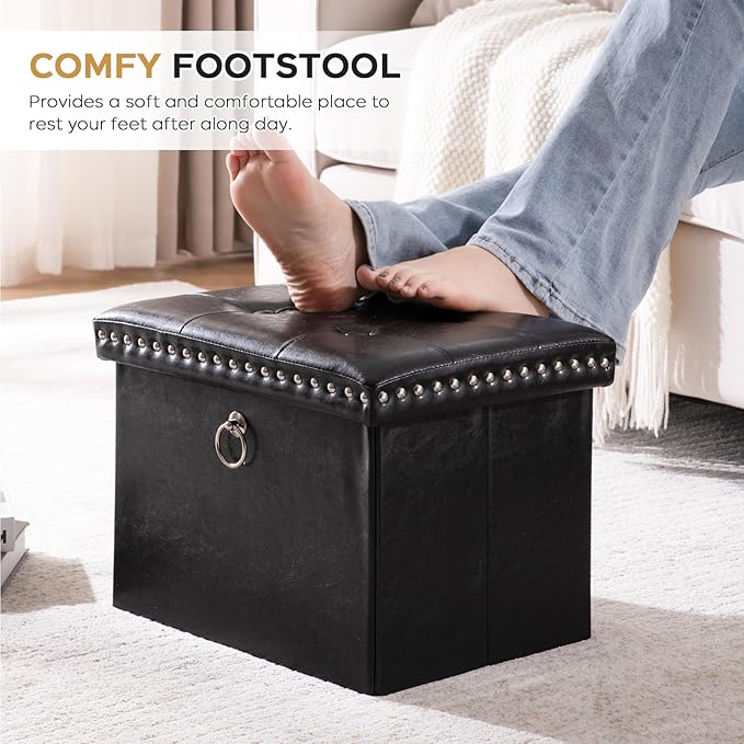 Storage Ottoman Foot Rest Stool, Foldable Leather Footstool Storage Bench with Rivet Design, Thicker Foam Padded Seat, Footrest Under Desk for Living Room Bedroom 242 lbs, 16x12x12 in, Black