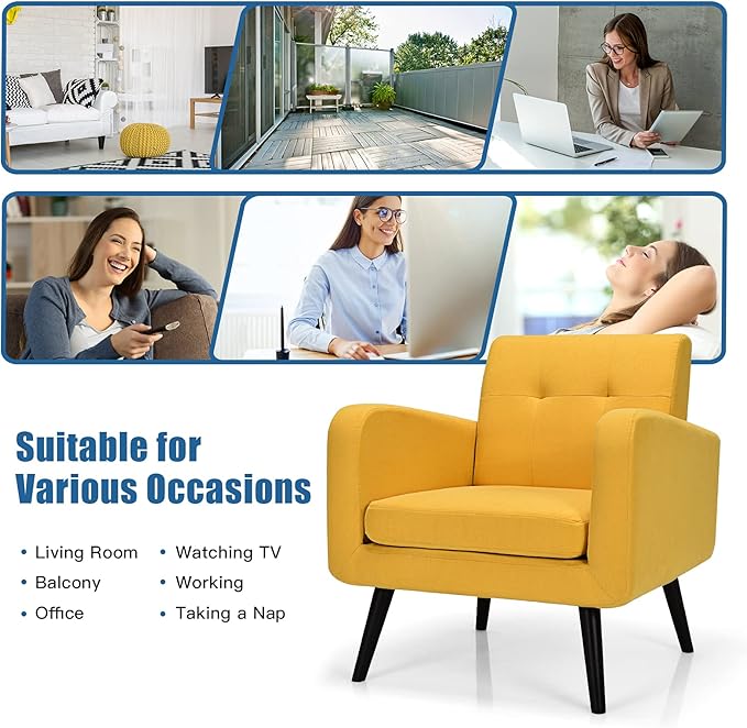 Giantex Upholstered Accent Chair Set of 2, Modern Mid Century Linen Fabric Living Room Chair with Arms, Max Load 265 Lbs, Comfy Tufted Single Sofa for Reading, Bedroom, Office, Club, Yellow