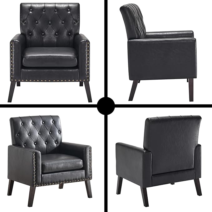 Mid Century Modern Accent Chair, Black Faux Leather Office Chair for Reception - Brown Leather Club Chair for Living Room, Bedroom, or Waiting Room