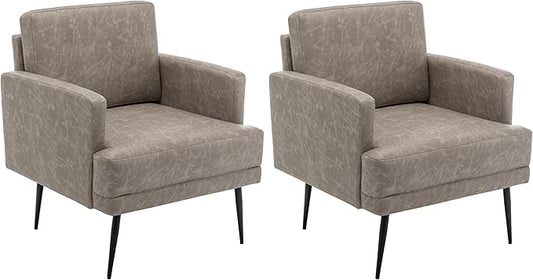 MINCETA Accent Chair,Modern Upholstered Armchair with Back and Arms,Reading Accent Chairs for Living Room,Set of 2,PU Leather in Greige