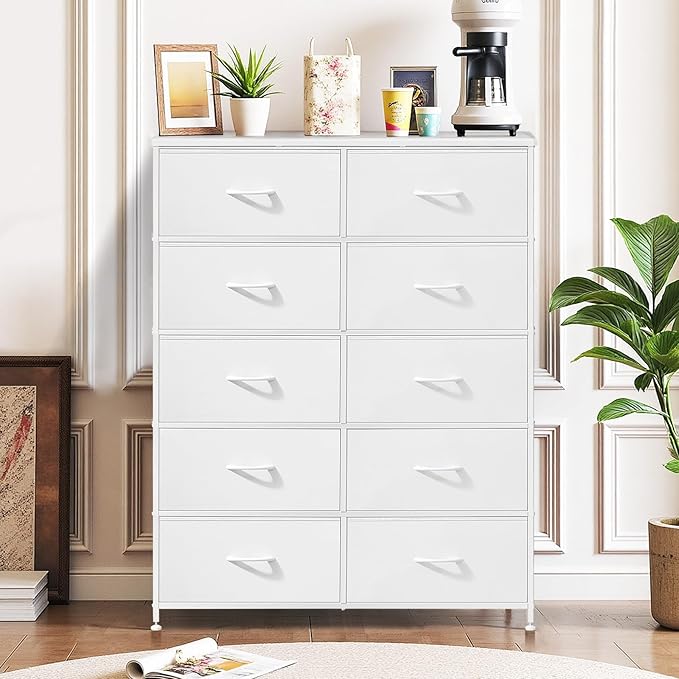 10-Drawer Dresser for Bedroom, Anti-Tip Tall Storage Organizer Chest of Drawers with Wooden Top and Metal Frame Fabric Bins for Closet, Living Room, Hallway, Entryway, White