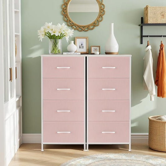 Nightstand, 4 Drawer Dresser End Table Bedside Furniture with Wooden Top Steel Frame Fabric Bins for Bedroom, Closet, Entryway, Dorm, Living Room, Pink