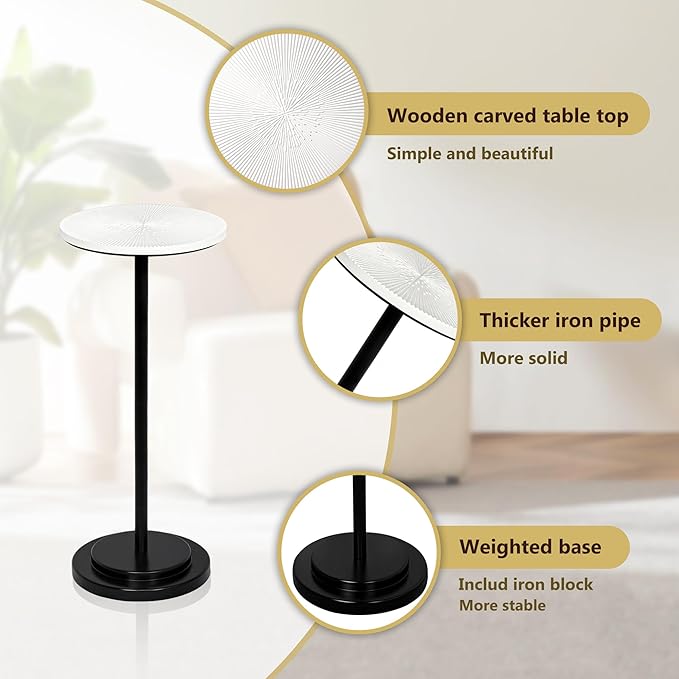 Drink Table Set of 2, Weighted Base Pedestal Table, Martini Table,Small Side Table with Wooden Carved Table Top for Living Room, Bedroom, Modern, White and Black