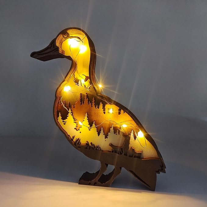 3D Wooden Carving Animals Lamp - Creative Fox Squirrel Wood Carved LED Night Light Garden Yard Wooden Animals Sculpture Ornaments Desktop Home Decor Birthday Gifts for Family Friend (Muscovy Duck)