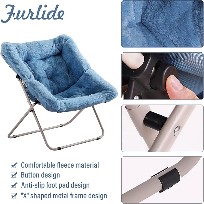 Saucer Chair, Comfy Bedroom Chairs, Oversized Folding Faux Fur Chair, Foldable Metal Frame Chair for Bedroom, Living Room, Balcony, Patio (Blue)