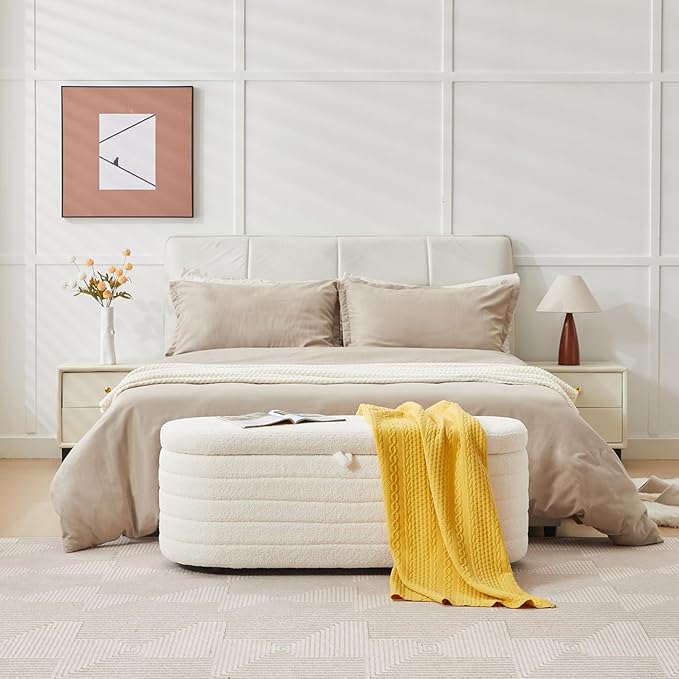Storage Ottoman Bench End of Bed for Bedroom,45 inch Boucle Upholstered Entryway Shoe Seat Bench w/ Storage,Sherpa Modern Cute Padded Blanket Chest Stool Foot Rest for Living Room,Off-White