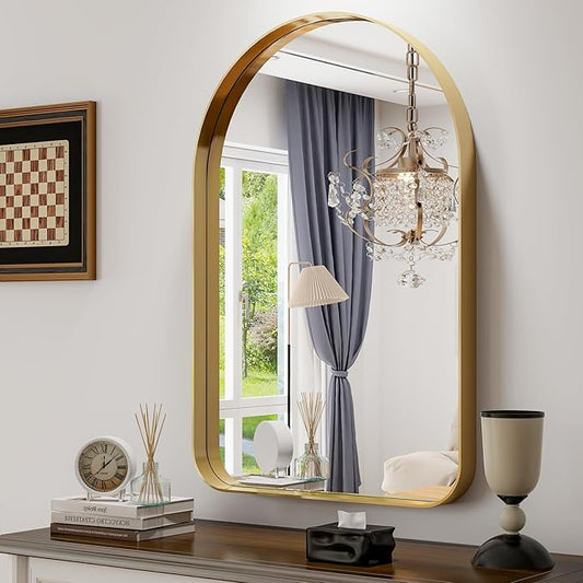 GLSLAND 20”x30“ Gold Arched Bathroom Mirror - Aluminum Alloy Framed Mirrors for Wall- Matted Wall Mirrors for Bedroom, Entryway Mirrors for Wall