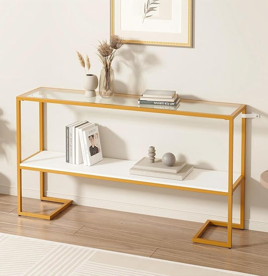 Console Sofa Table, 52" Modern Entryway Table, 2-Tier Open Shelf with Tempered Glass, Metal Frame Behind Couch Table with Gold Metal Frame for Living Room Hallway Entrance, White
