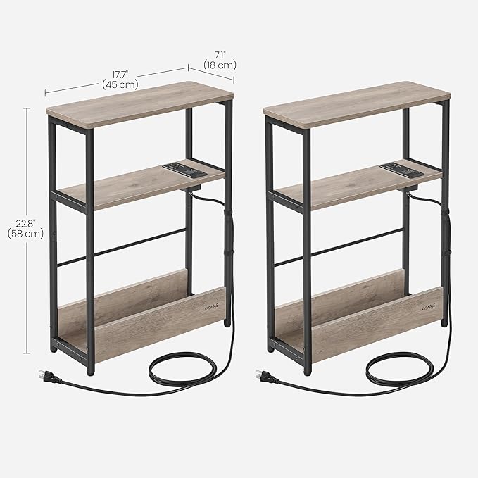 VASAGLE Side Tables with Charging Station, Set of 2 Narrow End Tables, 3-Tier Nightstands, Sofa Tables for Small Spaces, for Living Room, Bedroom, Study, Heather Greige and Ink Black ULCT664K04