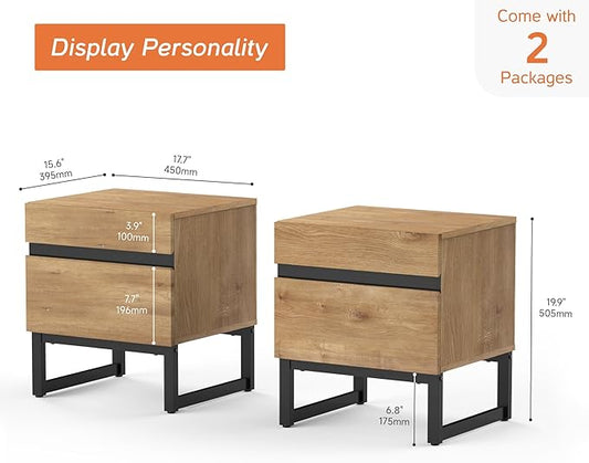 WAMPAT 2 Pack Modern End Table with 2 Drawers, Farmhouse Sofa Table with Black Square Iron Leg, Wood Rustic Side End Table for Living Room, Nighstand for Bedroom, Oak