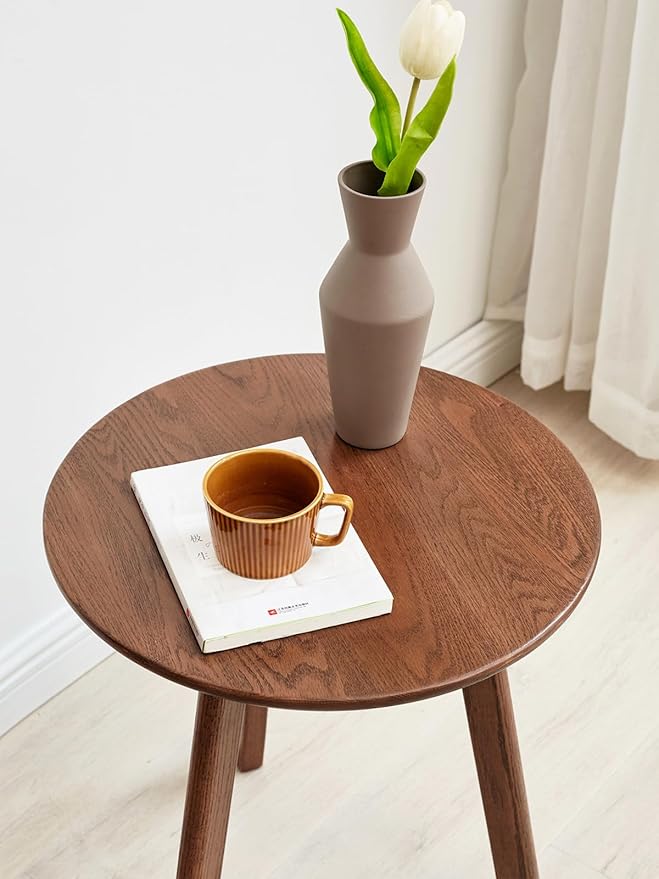 Walnut Round Side Table,Solid Wood End Table - FAS-Grade North American Oak,3-Leg Walnut Accent Side Table for Living Room, Bedroom & Office