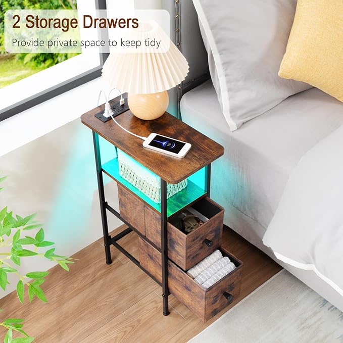 Narrow Nightstand with Charging Station, End Tables Living Room Set of 2, Skinny Side Table with Fabric Drawers, Small Sofa Table with LED Light for Bedroom, Rustic Brown, HETNDP02LPBR