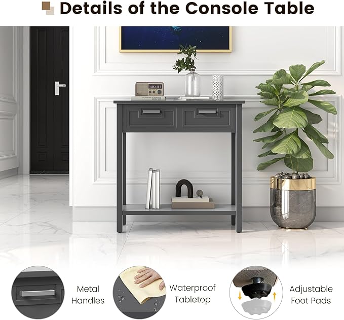 GOFLAME Small Console Table with 2 Drawers, 31” Entry Table with Storage Shelf, Modern, Narrow Sofa Table for Living Room, Hallway, Entrance (Gray)