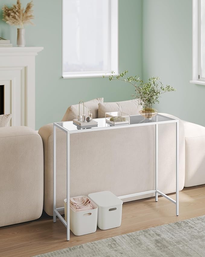 VASAGLE Entryway Table, Console Table, Tempered Glass Tabletop, Modern Sofa Table, Easy Assembly, with Adjustable Feet, for Living Room, Entryway, Pearl White and Slate Gray ULGT026W01