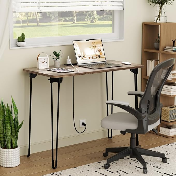 Folding Desk, 31.5" Hairpin Legs Small Desk with Power Strip for Bedroom, Space Saving Foldable Computer Desk for Home Office, No Assembly Need,Light Brown