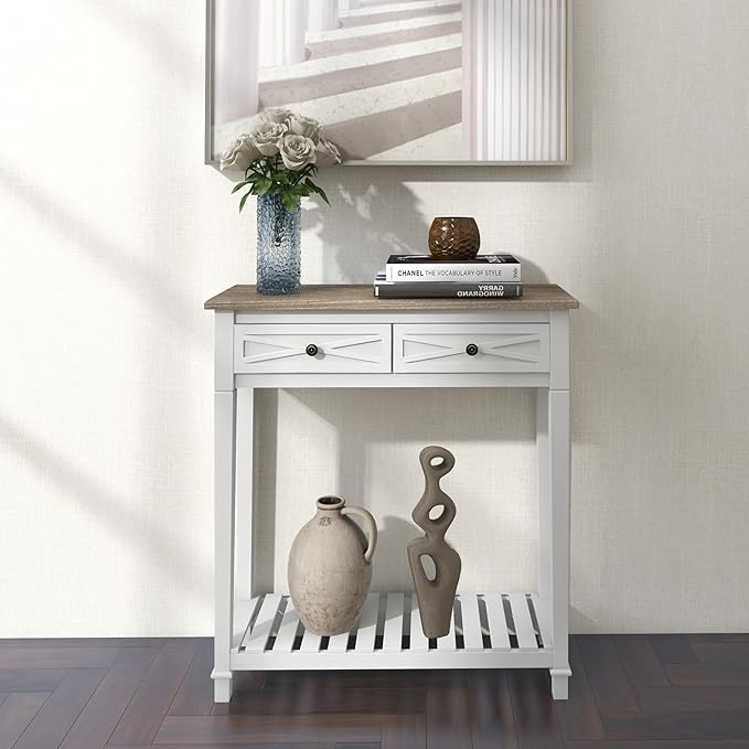 Kinfant Modern Console End Table with 2 Drawer and Storage Shelf for Entryway Living Room Hallway, White