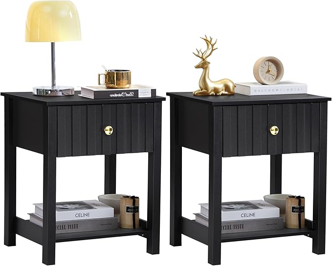 Wood Nightstand Set of 2, 21.65" H Bedside Table with Wide Fluted Finish, Modern Night Stands with Drawer, Mid Century End Table for Bedroom (Black-2 Packs)