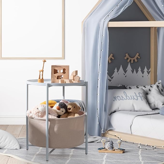 danpinera Round Side Table with Fabric Storage Basket, Metal Side Table Small Bedside Nightstand with Removable Tray Top for Living Room, Bedroom, Nursery, Laundry, Blue-Gray