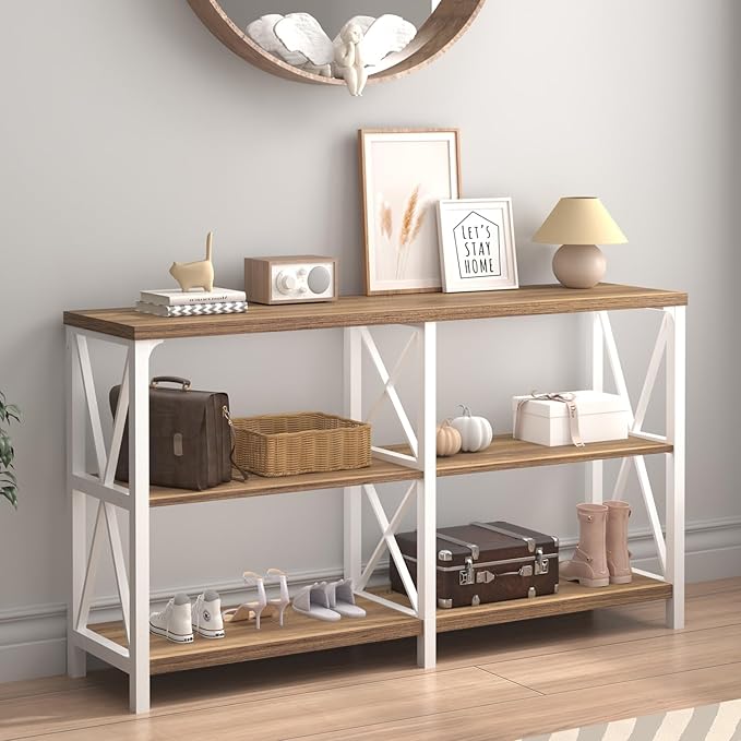 IBF Farmhouse Entryway Table, Wood TV Console Table, Rustic Metal Sofa Table, Industrial Hallway Tables with Storage Shelves, Modern Foyer Tables for Front Entry Way, White and Rustic Oak, 47 Inch