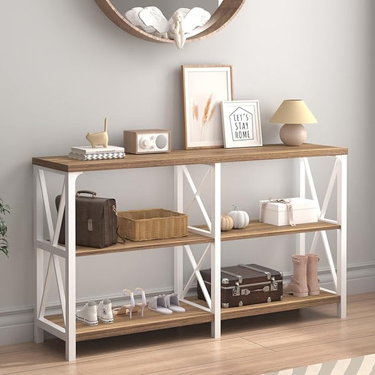 IBF Farmhouse Entryway Table, Wood TV Console Table, Rustic Metal Sofa Table, Industrial Hallway Tables with Storage Shelves, Modern Foyer Tables for Front Entry Way, White and Rustic Oak, 47 Inch