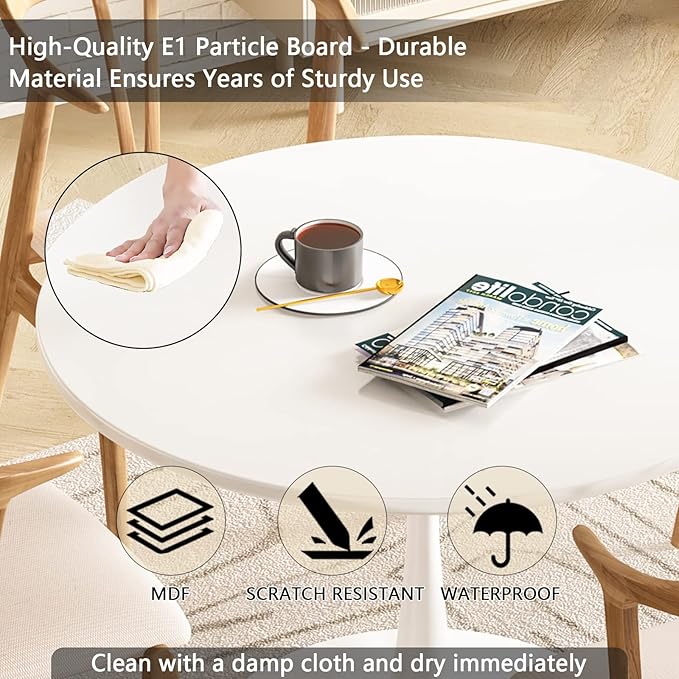 DKLGG White Round Dining Table, 31.5" Tulip Kitchen Dining Table for 2-4 People with MDF Table Top & Pedestal Base, Modern Minimalist Design