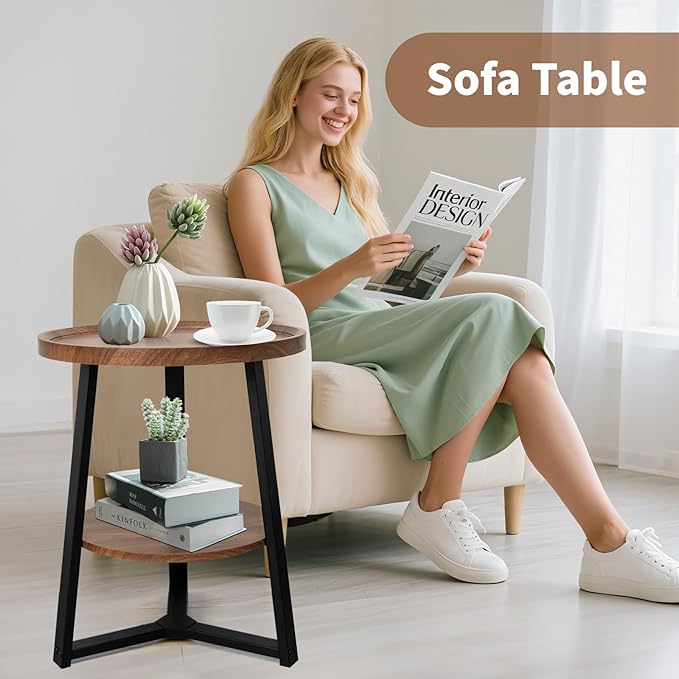 Side Table, 2-Tier Round End Table for Living Room, Small Nightstand Wooden Bedside Tables with Storage Shelf, 19.5-Inch Circle Accent Table for Bedroom, Office, Apartment (Walnut)