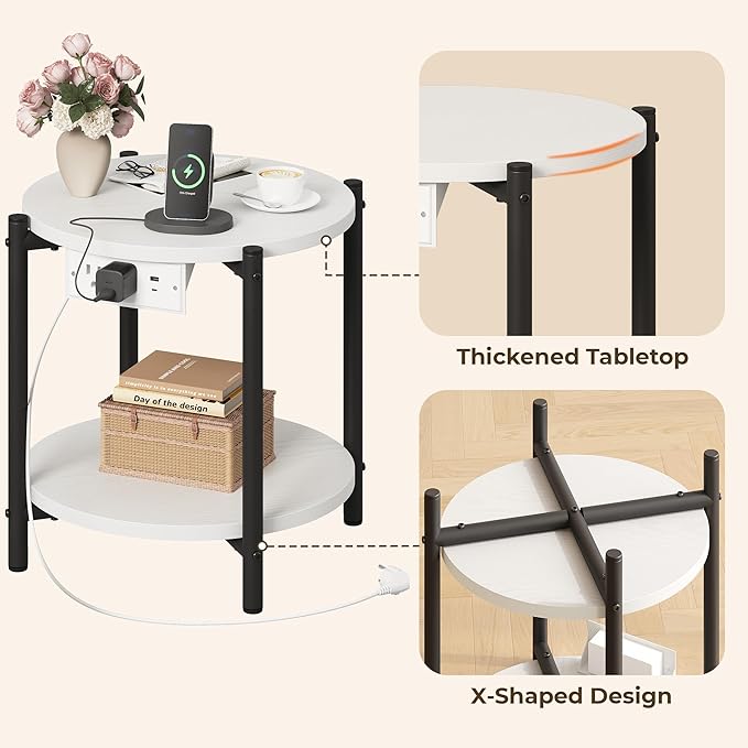 LIKIMIO 15.8" W Small Round Side Table with Charging Station, 2-Tier End Table with Lower Shelf, Wooden Nightstand for Small Spaces, Living Room, Bedroom, White