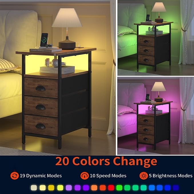 End Table with Charging Station,LED Side Tables with USB Ports and Outlets,Narrow Nightstands Bedside Tables with 3 Fabric Drawers for Small Space,Slim Sofa Table for Livingroom, Rustic Brown