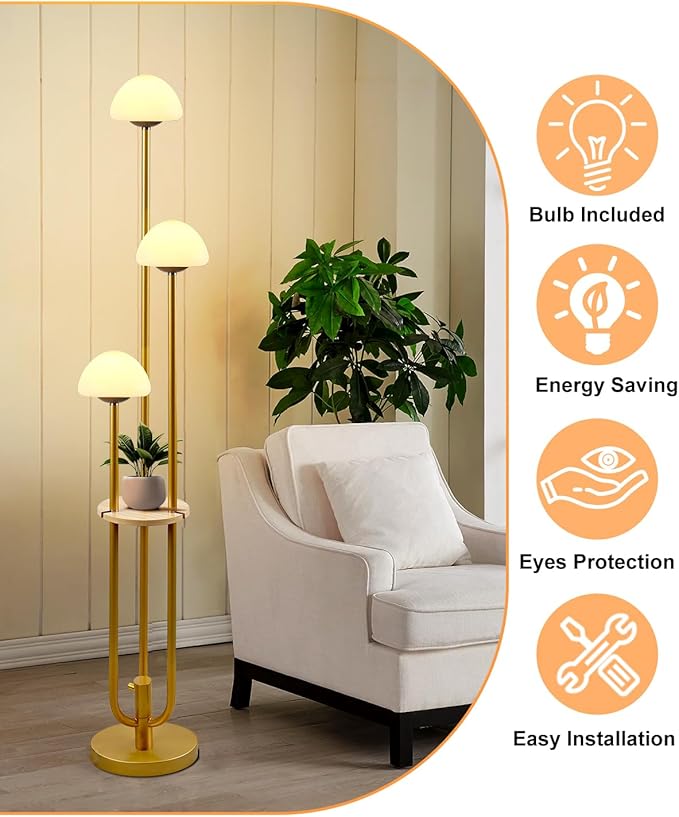 Lightdot Gold Dimmable Floor Lamp with Table, Modern Floor Lamps for Living Room, 3000K Warm Lights Tall Standing Lamp with Mushroom Shades & Bulbs for Bedroom/Office