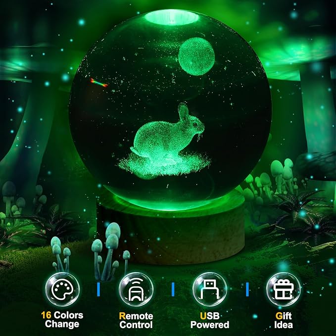 Rabbit Crystal Ball Night Light - 3.15 Inch 16 Color LED Rabbit Glass Ball Lamp with Wooden Base and Remote Control - Perfect Decorations Gifts for Kids, Boys, Girls, Teens