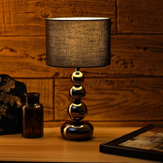 Small Modern Bedside Table Lamp, 7 x 7 x 13 Inch Farmhouse Table Lamps, Black Metal Ball Table Lamp for Living Room Bedrooms and Office (Black Fabric Lampshade)