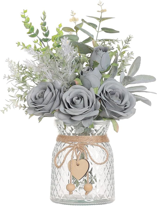 Faux Flowers with Vase,Artificial Silk Roses in Vase, Fake Plant Eucalyptus Flower Arrangement for Home Office Farmhouse Bathroom Dining Table Centerpiece Decorations Coffee Table Decor (Grey Blue)