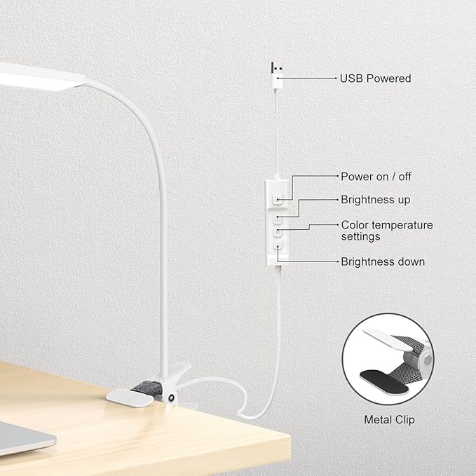 Vansuny Clip on Light LED Desk Lamp with Eye-Caring LED Metal Clip, 11 Level Brightness 3 Color Modes, Power by USB Port 5W Flexible Gooseneck Reading Light for Home and Office (5W, White)