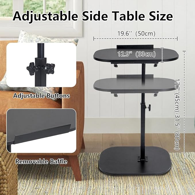 Side Table TV Tray for Couch,90° Tiltable Laptop Table Height Adjustable 360° Swivel C Shaped End Table for Small Spaces,Bedside Bathroom Living Room (Black)