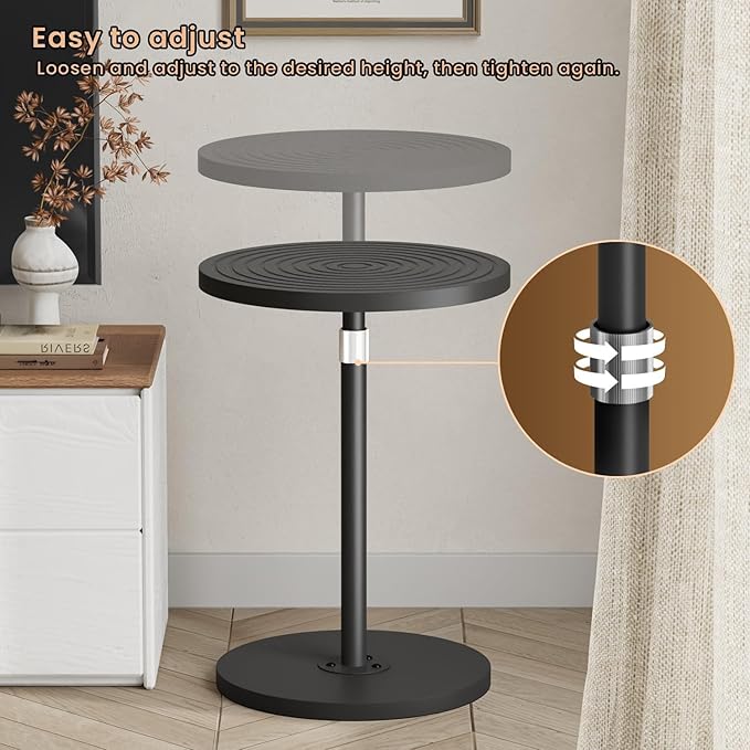 Round Side Table, Adjustable-Height Drink Table for Small Spaces, Pedestal Martini Table, Cocktail Tables Weighted Base for Living Room, Bedroom, Bathroom, Office, Black
